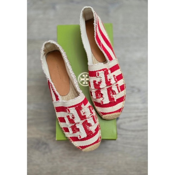 Tory Burch Shoes - Tory Burch Red White Striped Canvas Espadrille Flats Shoes‎ Women Size 10